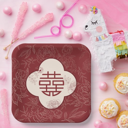 Assiettes En Carton Floral Double Bonheur Mariage chinois (Fête)