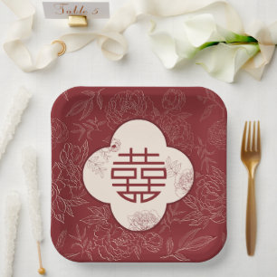 Assiettes En Carton Floral Double Bonheur Mariage chinois