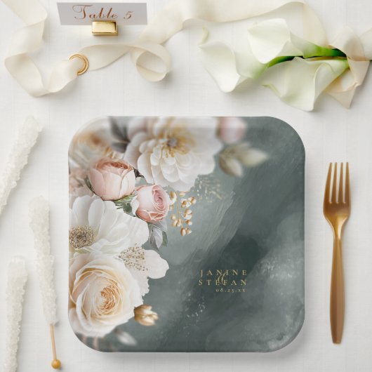 Assiettes En Carton Floral Drama Mariage Green ID1022 (Mariage)