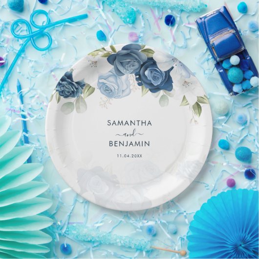 Assiettes En Carton Floral Dusty Wedding shower bleu blanc (Fête)