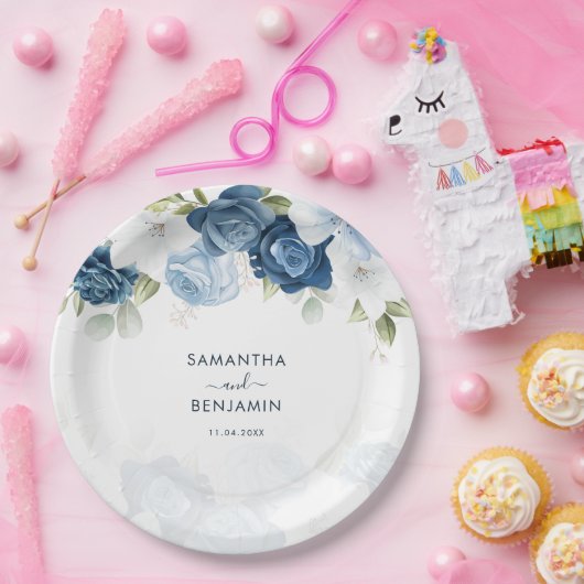 Assiettes En Carton Floral Dusty Wedding shower bleu blanc (Fête)