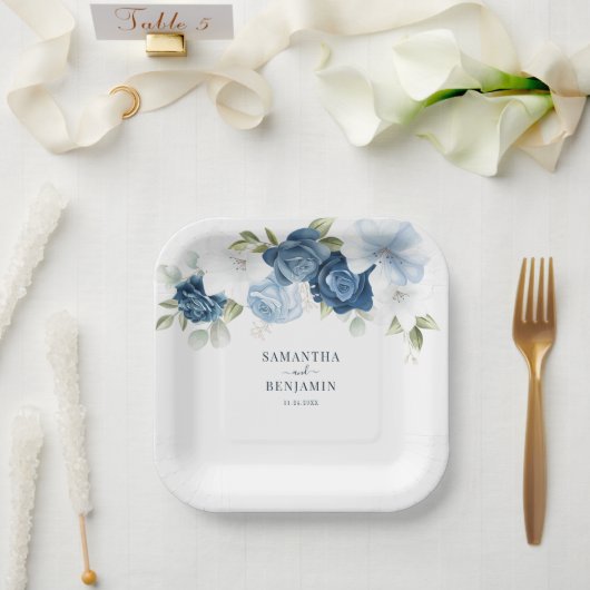 Assiettes En Carton Floral Dusty Wedding shower bleu blanc (Mariage)