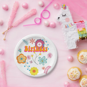 Assiettes En Carton Floral Flower Power Coloré rose