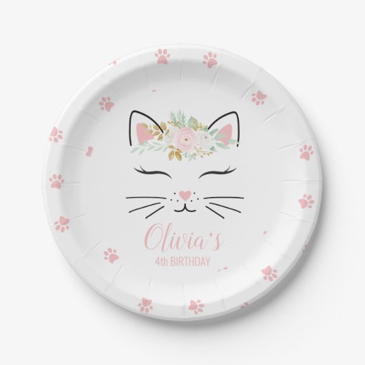 Assiettes En Carton Floral Kitten Anniversaire Fête Plaques kitty face (Devant)