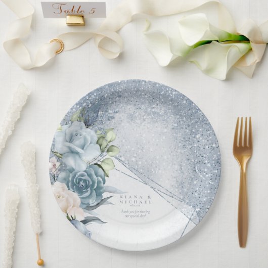 Assiettes En Carton Floral Mariage Dusty Blue ID889 (Mariage)