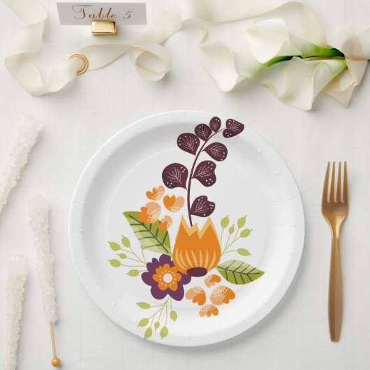 Assiettes En Carton Floral moderne violet orange (Mariage)