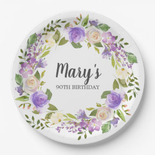 Assiettes En Carton Floral pourpre rustique 90e anniversaire