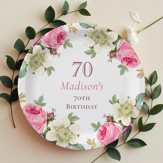 Assiettes En Carton Floral rose 70e anniversaire
