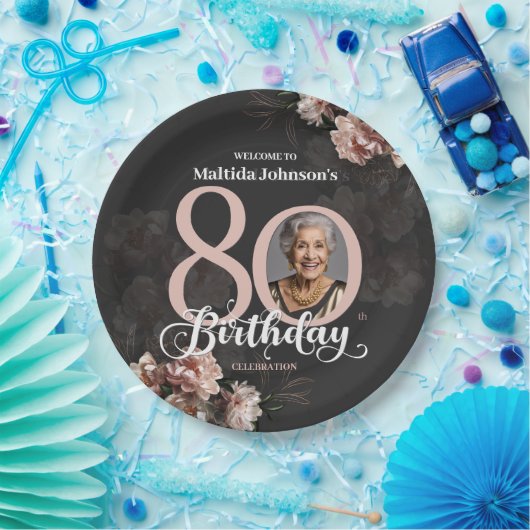 Assiettes En Carton Floral rose 80e anniversaire (Fête)