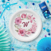 Assiettes En Carton Floral rose Monogramme initial (Fête)