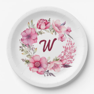 Assiettes En Carton Floral rose Monogramme initial