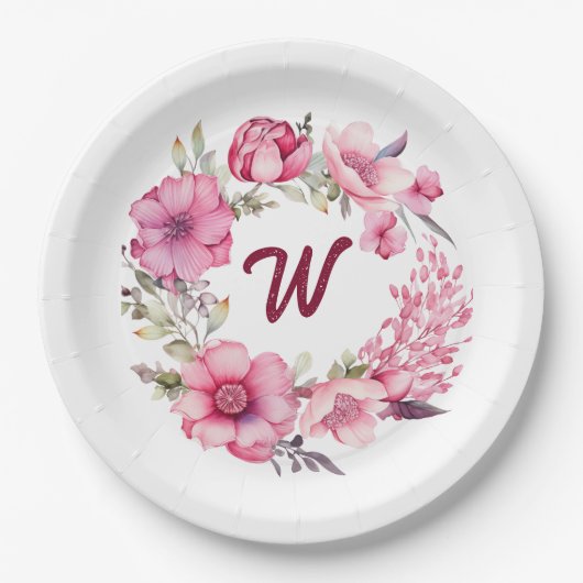 Assiettes En Carton Floral rose Monogramme initial (Devant)