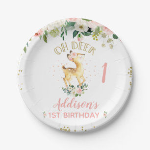 Assiettes En Carton Floral rose Oh Deer 1er anniversaire
