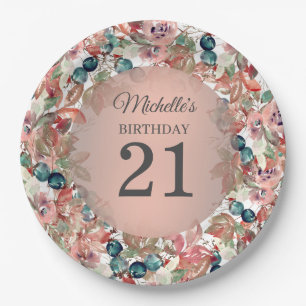 Assiettes En Carton Floral rose Turquoise 21e anniversaire
