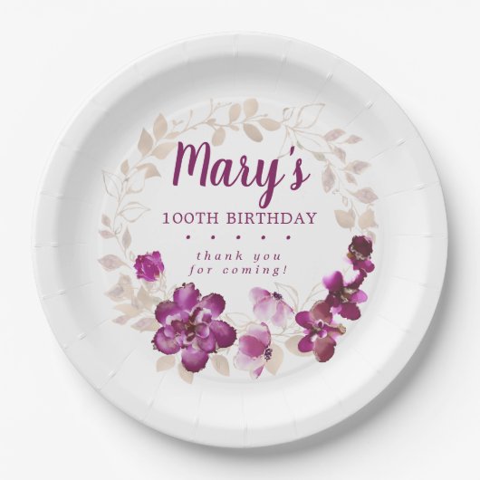 Assiettes En Carton Floral rose violet rustique 100e anniversaire (Devant)