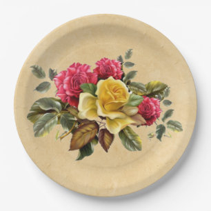 Assiettes En Carton Floral vintage de roses rouges et jaunes