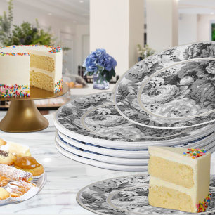 Assiettes En Carton Floral Vintage noir et blanc