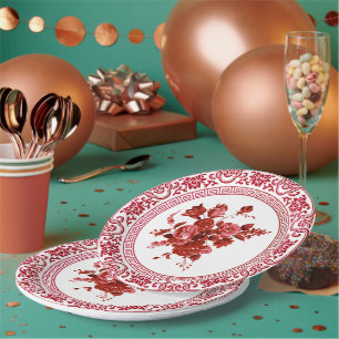 Assiettes En Carton Floral vintage Rouge Et Blanc