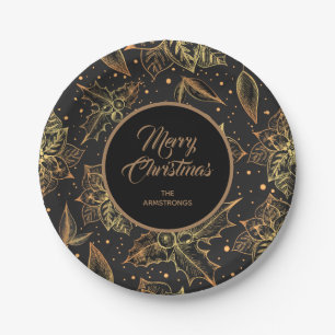 Assiettes En Carton Flore de Noël noir et or