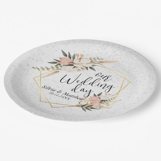 Assiettes En Carton Flore de Parties scintillant blanche et d'aquarell (Angle)