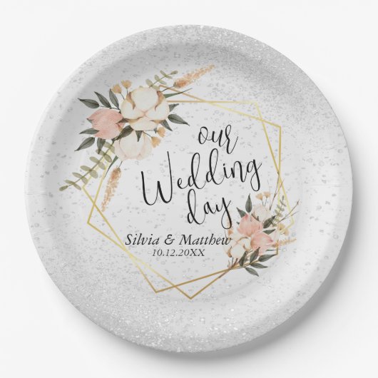 Assiettes En Carton Flore de Parties scintillant blanche et d'aquarell (Devant)