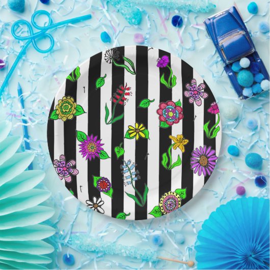 Assiettes En Carton Flore rayée noire et blanche (Fête)