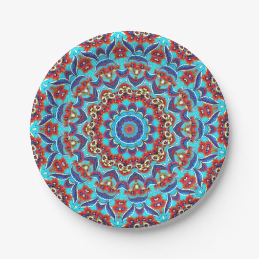 Assiettes En Carton Flore Turquoise bleu Mandala Boho (Devant)