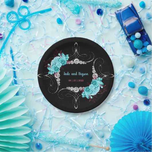 Assiettes En Carton Flore Turquoise et Mauve Elegant Rhinestone (Fête)