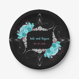 Assiettes En Carton Flore Turquoise et Mauve Elegant Rhinestone