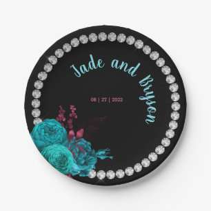 Assiettes En Carton Flore Turquoise et Mauve Elegant Rhinestone