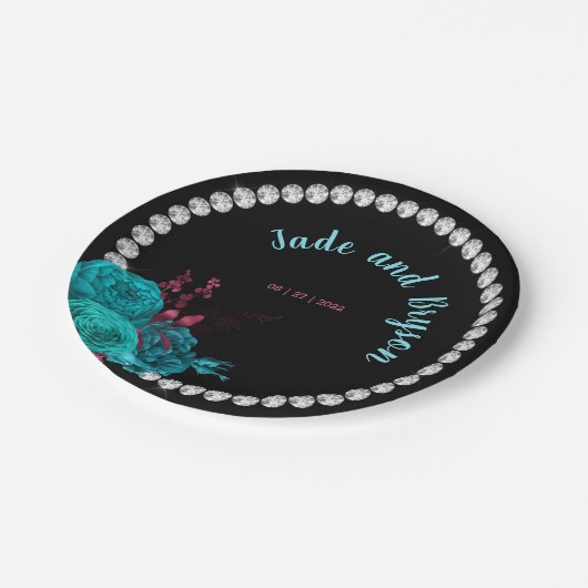Assiettes En Carton Flore Turquoise et Mauve Elegant Rhinestone (Angle)
