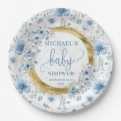 Assiettes En Carton Flores d'aquarelle bleu poussiéreux or (Devant)