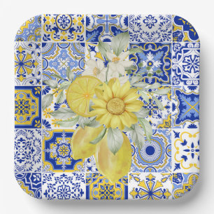 Assiettes En Carton Flores de mosaïque en bleu et jaune