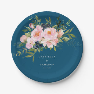 Assiettes En Carton Flores romantiques vintages en Mariage bleu