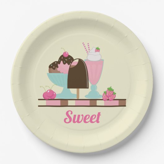 Assiettes En Carton Flotte de crème glacée sucrée Sundae & fraise (Devant)