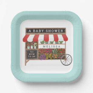 Assiettes En Carton Flower Cart Farmers Market Baby shower rouge