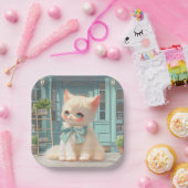 Assiettes En Carton Fluffy Kitten avec Blue Bow à la pâtisserie (Fête)