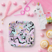 Assiettes En Carton Fluid Art Cotton Bonbon rose, Turquoise, noir et o (Fête)