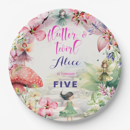 Assiettes En Carton Flutter et tourbillon Fée jardin fleuri anniversai (Devant)