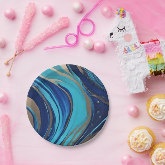 Assiettes En Carton Flux Abstrait moderne Art-Bleu et Or- (Fête)