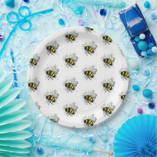 Assiettes En Carton Flying Bumble BEE, Freehand Digital Drawing Insect (Fête)