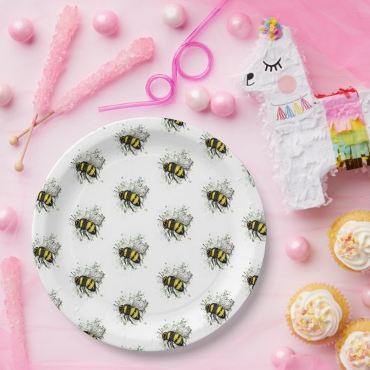 Assiettes En Carton Flying Bumble BEE, Freehand Digital Drawing Insect (Fête)