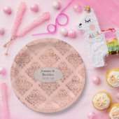 Assiettes En Carton Foil Damask Rose Gold et Blush Mariage (Fête)