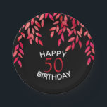 Assiettes En Carton Foliage rose chaud lors de la fête d'anniversaire<br><div class="desc">Feuilles élégants peints dans les tons rose chaud, rouge et orange sur un cadre arrière - plan noir Joyeux anniversaire et l'invité de l'âge d'anniversaire d'honneur en lettres chic. Changez la couleur noire derrière le feuillage en n'importe quelle couleur pour correspondre à votre thème de fête. **CONSEIL : Cliquez sur...</div>