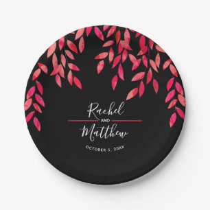 Assiettes En Carton Foliage rose chaud sur Mariage noir