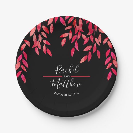 Assiettes En Carton Foliage rose chaud sur Mariage noir (Devant)