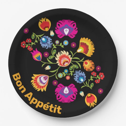 Assiettes En Carton folklore polonais avec fleurs roses (Devant)