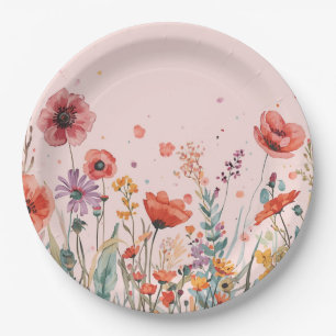 Assiettes En Carton Fond Rose Poudré avec des pavots et des fleurs sau