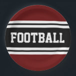 Assiettes En Carton FOOTBALL Bold Rouge noir blanc rayures de course<br><div class="desc">Cette conception sportive et sportive présente un texte en FOOTBALL audacieux à l'intérieur d'une large bande noire surlignée avec deux bandes blanches contre un arrière - plan rouge profond. Le texte de cette conception peut être personnalisé.</div>