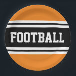 Assiettes En Carton FOOTBALL Bright Orange noir blanc rayures de cours<br><div class="desc">Cette conception sportive et sportive présente du texte en gras FOOTBALL à l'intérieur d'une large bande noire surlignée avec deux bandes blanches contre l'arrière - plan. Le texte de cette conception peut être personnalisé.</div>